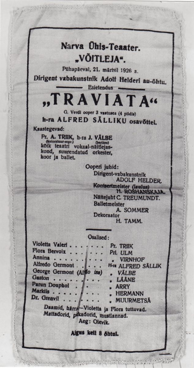 Narva Ühisteatri operietenduse „Traviata“ kavaleht. 1926. Narva Muuseumi kogust