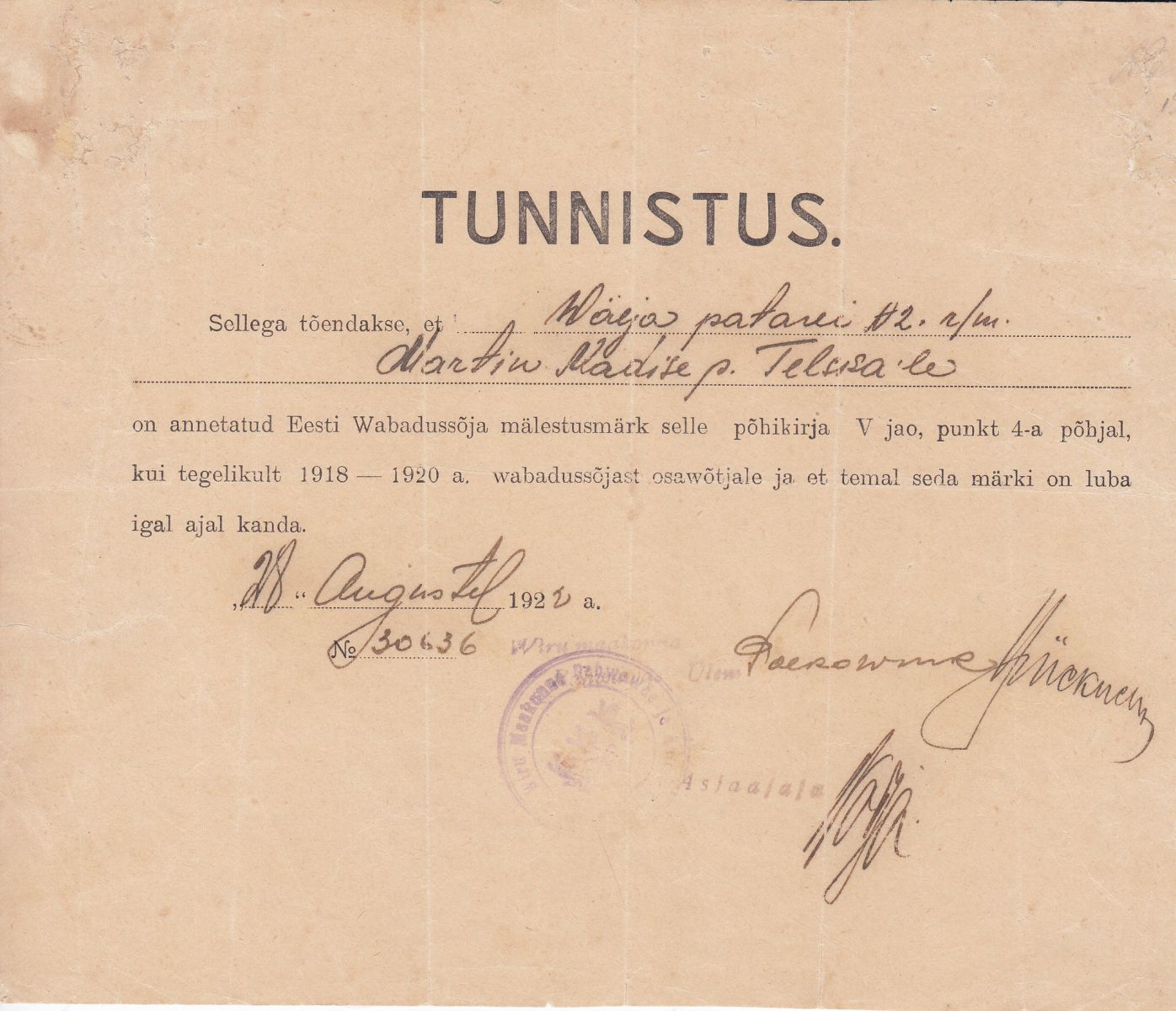 Tunnistus medalile Eesti Wabadussõja mälestuseks, Martin Telska (NLM _ 2176:2 D 408:1); Narva Muuseum SA;